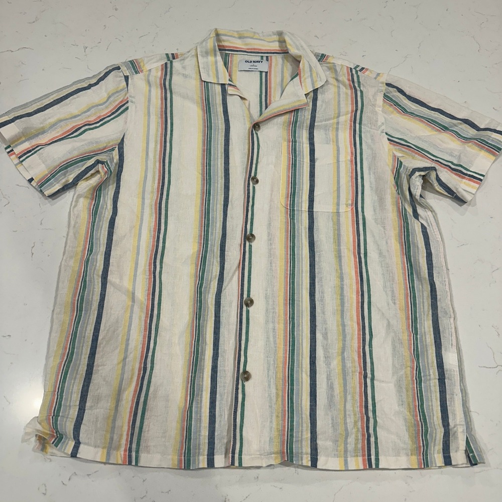 Old Navy Mens Short Sleeve Linen Blend Striped Camp Shirt Multi Color Large